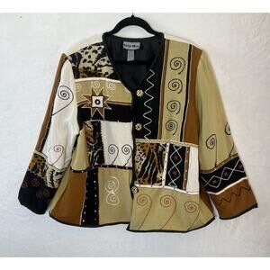 Indigo Moon Womens Linen Quilted Patchwork Jacket Size 1X Lagenlook Embroidered